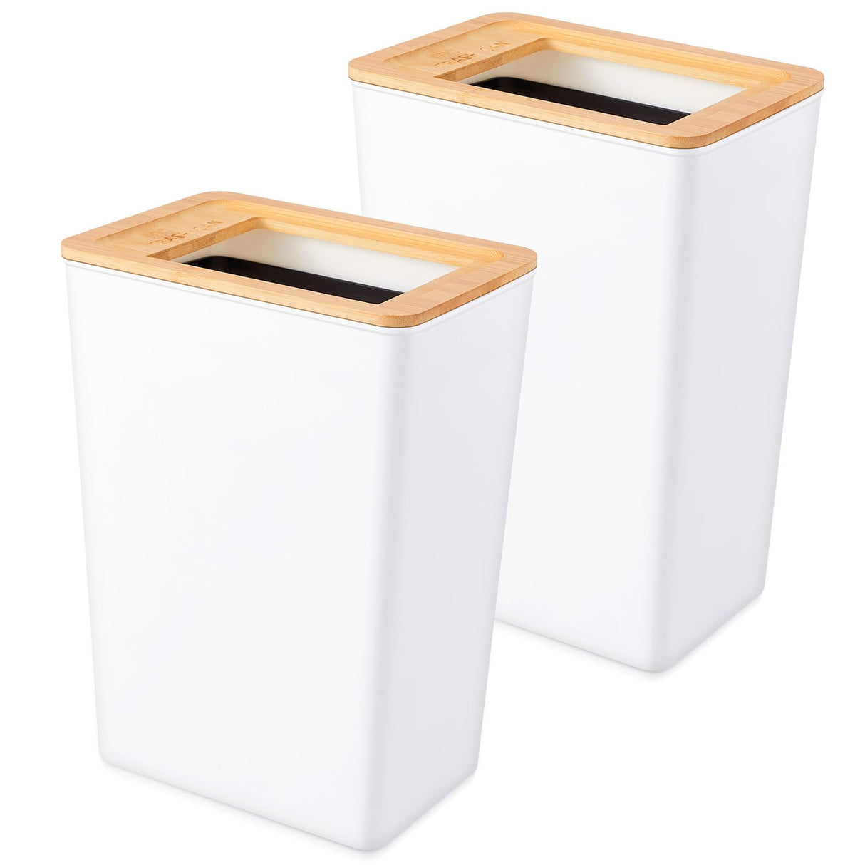 Suclain 2 Pcs Slim Trash Can 2.3 Gal, Small Wastebasket with Semi Open Bamboo Lid Plastic Waste Basket Rectangular Garbage Container Bin Trashcan for Bathroom Bedroom Kitchen Office Living Room Home Suclain