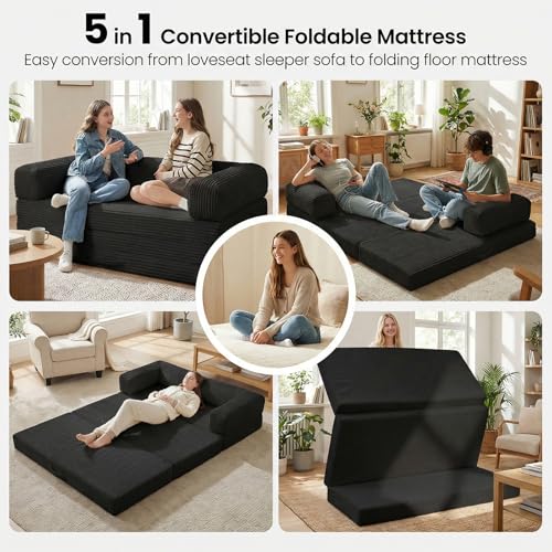 Tri-Folding Mattress Futon Sofa Bed, Convertible Foldable Mattress with Removable Armrests & Washable Cover, 5'' Floor Mattress with High-Density Foam, Small Couch Bed, No-Assembly, Full, Black Erament