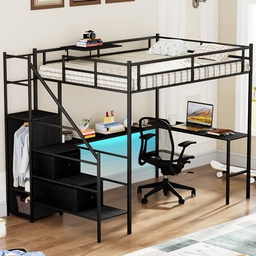 Bellemave Full Size Loft Bed with Desk, LED Lights and Charging Station, Full Loft Bed with Stairs, Wardrobe and 2 Storage Drawers, Heavy Duty Loft Beds Frame, Black Bellemave