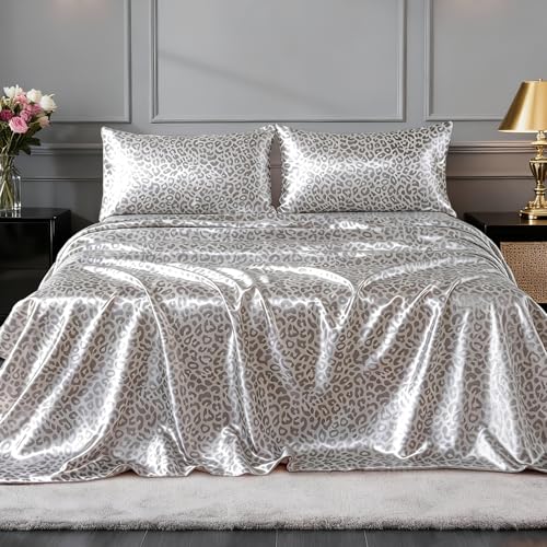 FreshCulture Satin Sheets Full Size - 4 Piece Luxury Soft Silky Full Size Bed Sheets, Similar to Silk Bed Sheet Set with 1 Deep Pocket Fitted Sheet, 1 Flat Sheet & 2 Pillowcases (Leopard) FreshCulture