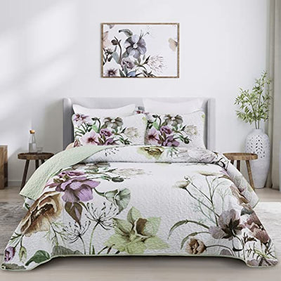 Drucon Floral Quilt Set Twin 2 Pieces Boho Green Floral Quilt Coverlet Set Soft Microfiber Lightweight Green Quilted Bedspread for All Season 68"x 86"