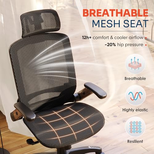GABRYLLY Ergonomic Office Chair, High Back Home Desk Chair with Headrest, Flip-Up Arms, 90-120° Tilt Lock and Wide Cushion, Big and Tall Mesh Chairs for Man Woman, Black Task Chair(Dark Woodgrain) GABRYLLY