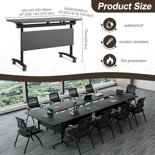Folding Conference Table On Wheels, 10 Pack Modular Modern Conference Room Table 8-16 People Rolling Meeting Table for School Office (4, Black, 47.2" D X 23.6" W X 29.5" H) robwibw
