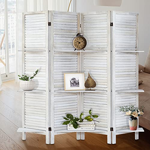 AMBITION LAND Room Divider with Shelves, Privacy Screen, Room Dividers and Folding Privacy Screens, 4 Panel Wood Temporary Wall Partition Separation Separator, Coconut AMBITION LAND
