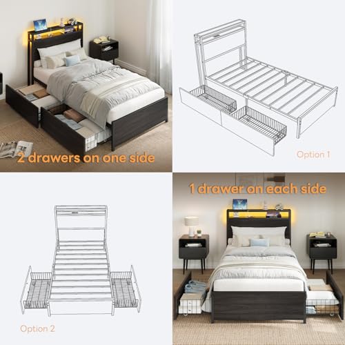 LIKIMIO Twin Bed Frame, with 2-Tier Shelves & Charging Station & LED Light, DIY Layout Storage Drawers, Suitable for Teen Rooms, Small Apartments & Bedrooms, Gray Black LIKIMIO