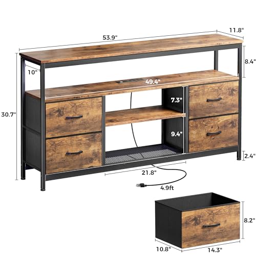 Huuger TV Stand Dresser with Power Outlets and LED Lights, 4 Drawers Entertainment Center with Shelves, 54 Inch Media Console for 55 60 Inch TV, 4 AC Outlets, 2 USBs, Rustic Brown Huuger