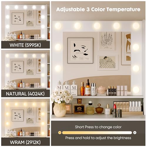 Sweetcrispy Vanity Desk with Adjustable Lighten Mirror & Power Outlet, Makeup Desk for Bedroom with a Storage Cabinet and 3 Drawers, 4 Storage Shelves, White Dresser for Girls Sweetcrispy