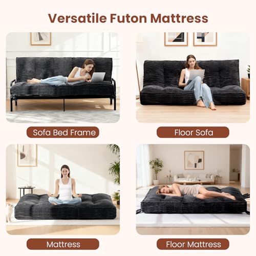 feliz home 10" Futon Mattress Queen Size,Futons Sofa Couch Bed with Straps, Thick Corduroy Floor Mattress for Adults, Roll Up Folding Mattress Shredded Foam Filling, Medium Firm (Black, Queen) feliz home