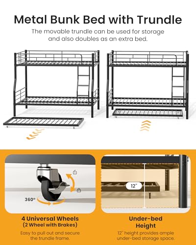 Mixcous Full XL Over Queen Bunk Bed with Trundle, Heavy-Duty Metal Bunk Bed w/Full-Length Guardrail & EVA Padded Ladder, Convertible to 3 Separate Beds for Adults, Teens, Noise-Free, Black Mixcous