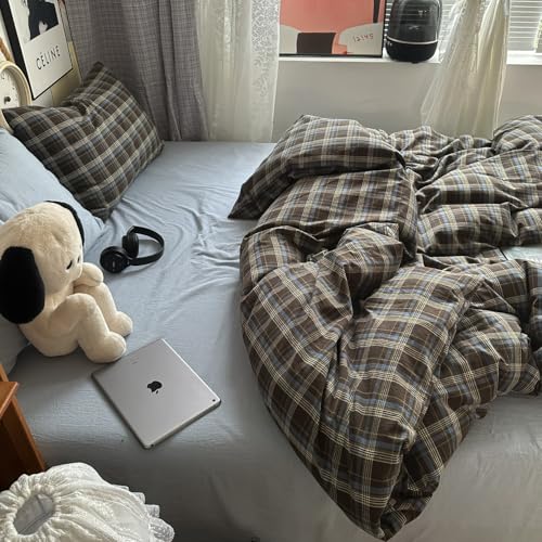 DONEUS Buffalo Plaid Duvet Cover Set 100% Washed Cotton Natural Linen Like Super Soft Comfy 3 Piece Brown Blue Gingham Checkered Bedding Set with Zipper Closure (Queen 90"x90", for All Seasons) DONEUS
