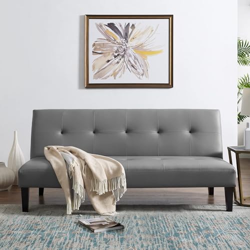 Naomi Home Tufted Faux Leather Futon Sofa Bed - Modern Convertible Folding Couch With Wooden Legs, Reclining Small Bed, Durable and Sturdy, Gray Naomi Home