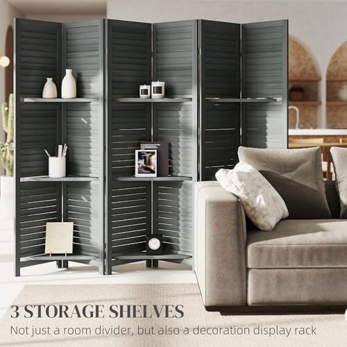 HOMCOM Room Divider, 6 Panel 67" Tall Wood Privacy Screen with 3 Display Shelves, and Folding Storage for Bedroom or Home Office, Gray HOMCOM