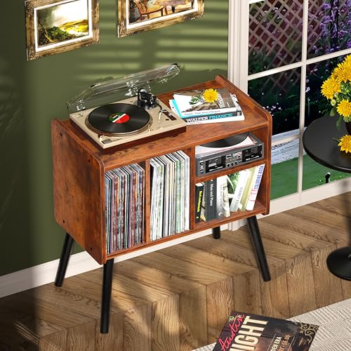 UODERS Record Player Table, Mid-Century Record Player Stand with Vinyl Storage Hold Up to 150+ Albums, Vinyl Record Cabinet with Adjustable Shelves, Wood Turntable Stand for Music Living Room (Brown) UODERS
