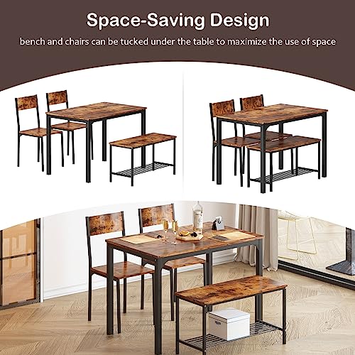 soges 4 Person Dining Table Set, 43.3inch Kitchen Table Set for 4, Dining Room 2 Chairs with Backrest, 2-Person Bench with Storage Rack, Vintage Brown soges