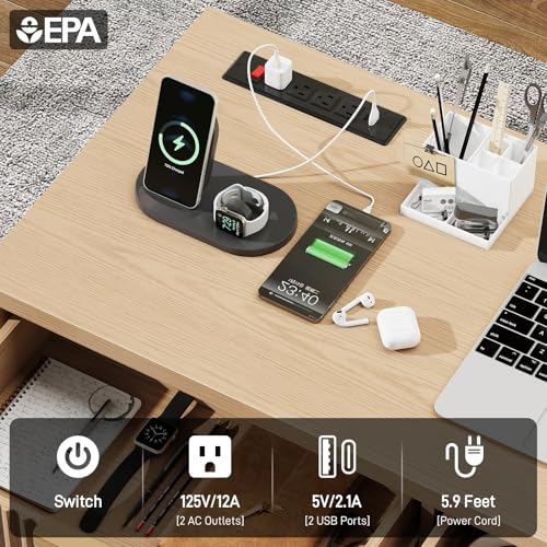 Vabches 60" Executive Desk with Fluted Drawers, Wood Home Office Desk with Storage Cabinet, Charging Station, Fluted Computer Writing Desk for Study, Living Room, Natural Oak. Vabches