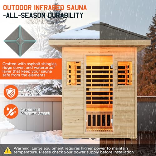 Albott Outdoor Sauna 3 Person, Infrared Saunas for Home, Low EMF 2645W/240V/15A Spruce Wood Dry Sauna with Tourmaline Stone Foot Warmer, 7-Color Light Therapy & 2 Bluetooth Speakers, 60.2"x43.3"x98.4" Albott