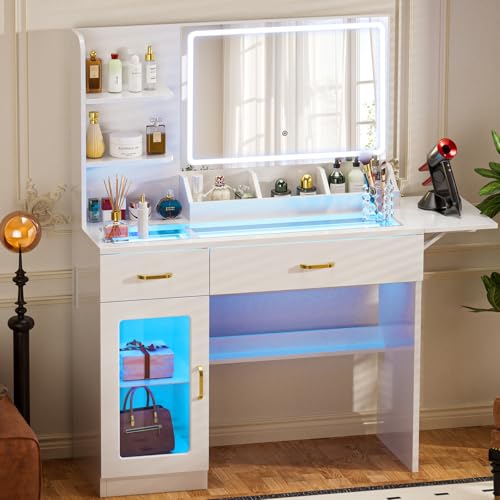 COMHOMA Vanity Desk with Mirror and Lights, Makeup Vanity with 3-Color LED, Transparent Top and RGB Drawers, White Desk with Open Shelves and Glass Cabinet, Built-in Power Outlet & Foldable Tabletop COMHOMA
