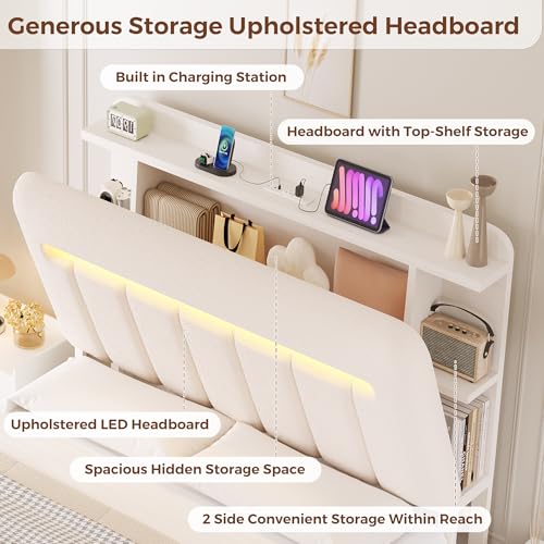 Jocoevol Queen Bed Frame with Storage Headboard,Upholstered White Bed Frame Queen Size with Storage Drawers and Charging Station,Velvet Platform Metal Bed, Noise-Free, No Box Spring Needed Jocoevol