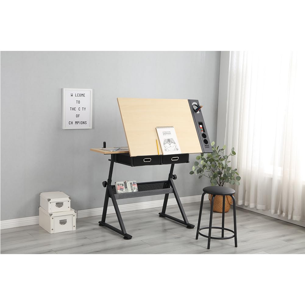 Mochalight Drafting Table, Height Adjustable Drawing Desk with Stool and 2 Storage Drawers for Home Office, Multifunctional Tilting Tabletop Craft Table Desk Mochalight