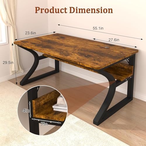 Aevum azn 55 inch Computer Desk, Home Office Desk with Storage Shelf, Sturdy U-Shaped Metal Frame Study Table with Cable Management, Gaming Desk for Office & Bedroom Aevum azn