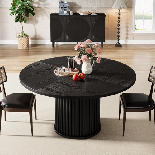 Tribesigns 47.24-Inch Black Round Dining Table for 4-6 People, Modern Fluted MDF + Metal Base Kitchen Table, Sturdy Circle Dining Room Furniture, Black Tribesigns