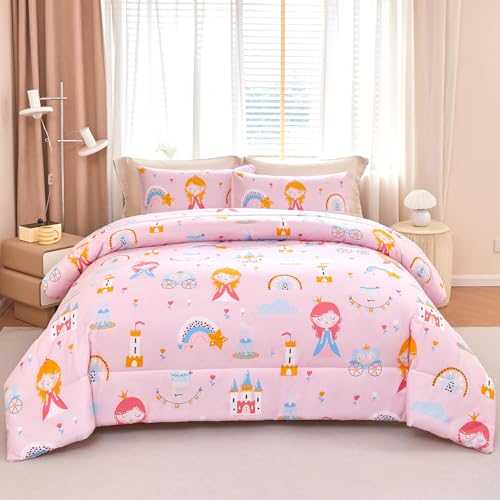 WINLIFE Pink Princess Comforter Set Queen Size for Girls 3 Pieces Soft Microfiber Cute Floral Fairytale Castle Pink and Blue Bedding Sets WINLIFE