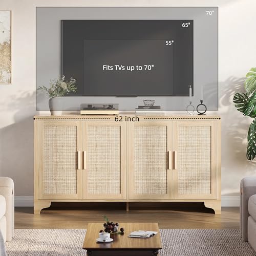 Garvee Natural Rattan Storage Cabinet with Shelves, 4-Door Sideboard Buffet Cabinet, Boho TV Stand Console Table for Living Room, Entryway, Dinning Room Garvee