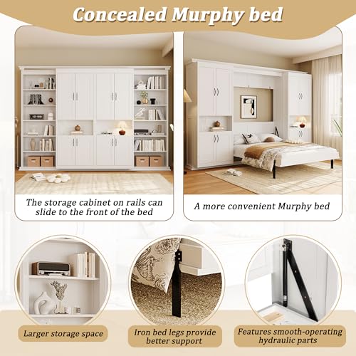 Murphy Bed with Dual Sliding Storage Cabinets, Hidden Wall Cabinet Design, Dual 6-Tier Side Shelves, Large-Capacity Space-Saving Wall Bed System for Modern Homes & Multifunctional Rooms, Full, White Merax
