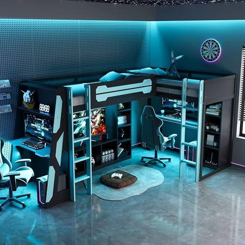 XD Designs L-Shaped Loft Bed Twin Size with Desks and Storage Shelves, Wooden Gaming Loft Bed Frame with LED Lights, USB Ports and TV Stand for 2 Kids Teens Adults, Reversible Layout (Black+Blue-L) XD Designs
