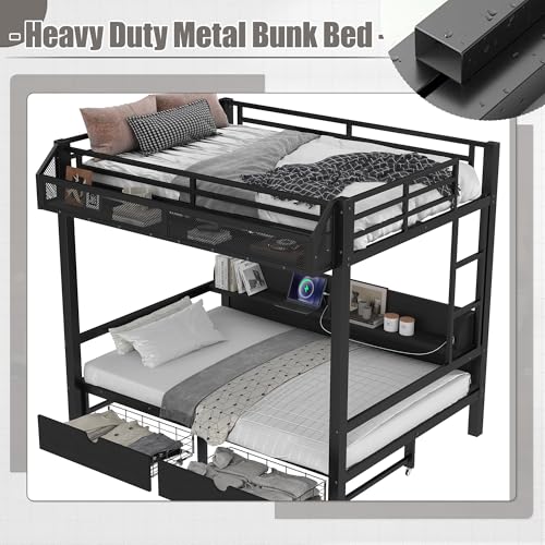 Bellemave Metal Full Over Full Size Bunk Bed Frame with Storage Drawers and Shelves,Heavy Duty Kids Bunk Beds with LED Lights and Charging Station for Teens,Adults,Convertible into a Sofa Bed,Black Bellemave