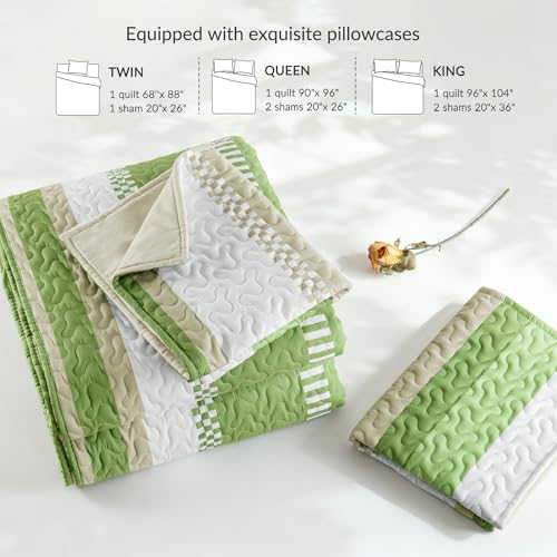 Whale Flotilla Twin Quilt Set - Reversible Green Quilts Twin Size with 1 Pillow Sham, Lightweight Boho Striped Bedspreads Coverlet Bedding Set for All Seasons Whale Flotilla