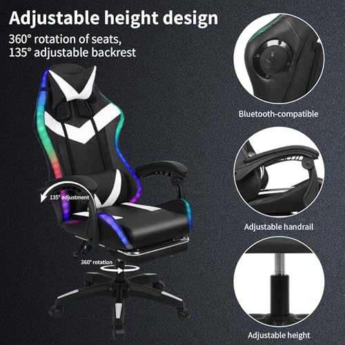 Gaming Chair with 2 Bluetooth Speakers & LED Lights, Ergonomic High Back Office Chair with Headrest, 135° Recline, 360° Swivel, Height Adjustable Executive Chair for Gaming, Work, Study (Black) Tacarlha