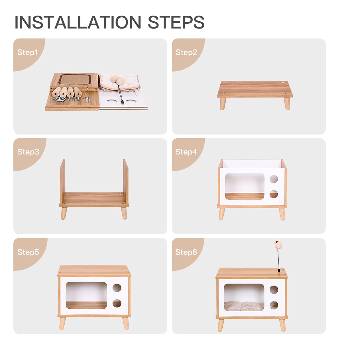 Cat House Wooden Condo Cat Bed Indoor TV-Shaped Sturdy Large Luxury Cat Shelter Furniture with Cushion Cat Scratcher Bell Ball Toys Rolife