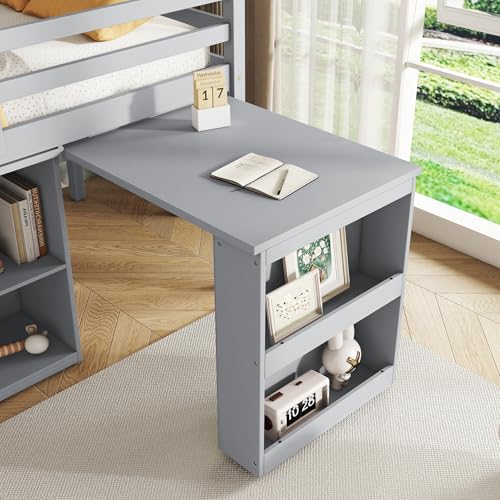 Ball & Cast Twin Loft Bed with Drawer Cabinet and Pulling -Out Desk,Rubber Wood Bed Frame w/Safety Guardrail & Ladder,Space-Saving Furniture for Girls Boys Student Dorms,Grey Ball & Cast