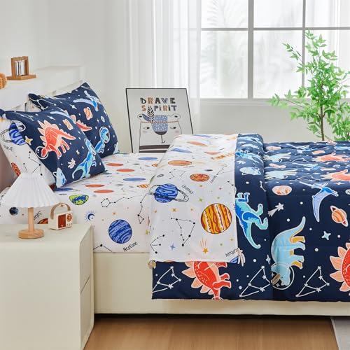 NTBED Dinosaur Kids Comforter Set Twin Size 5 Pieces Bed in A Bag for Boys Girls,Glow in The Dark Space Planet Bedding Set with Sheet NTBED