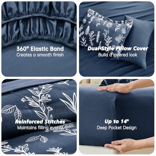 MUXHOMO Navy Blue Bed in a Bag Queen 7 Pieces, Queen Comforter Set Reversible Botanical Flowers Design, Ultra Soft & Breathable Bedding Sets with Comforter, Sheets, Pillowcases & Shams MUXHOMO