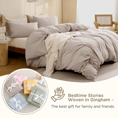 TOCOMOA Tan Gingham Duvet Cover Bedding Set 100% Washed Cotton Like Linen Feel Super Soft Comfy 3 Piece Brown Vintage Plaid Checkered Fall Comforter Cover Set (Queen 90"x90", Comforter Not Included) TOCOMOA