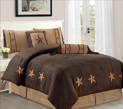 Grand Linen 6 Piece Luxury Western Bedding - Oversize King Size Cabin Micro Suede Comforter Set - Dark Chocolate Brown Lone Star Design Grand Linen