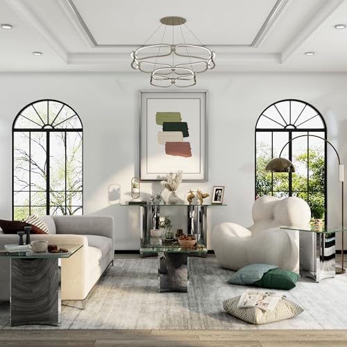 Asday Silver and Glass Console Table, 60 Inch Sofa Table, Silver Rectangle Entryway Table with Polished Mirror Base for Living Room, Hallway Asday