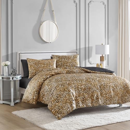 Juicy Couture King Leopard Satin Duvet Cover Set - Cheetah Print 3-Piece Machine Washable Reversible Animal Print Bedding Duvet Cover and Sham Set Juicy Couture