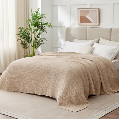 100% Cotton Muslin Blanket Queen 90" x 90", 6 Layers Breathable and Lightweight Cotton Throw Blanket for Bed, Soft Quilt Bedspread Coverlet, Gauze Blanket for Adults All Season, Beige Linen, Oatmeal Kozyhvn