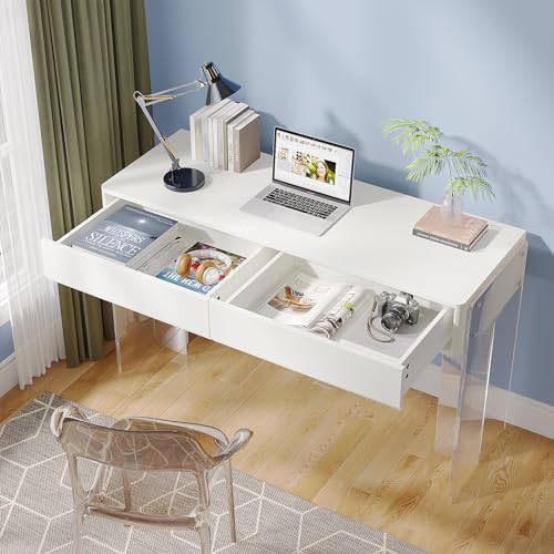 Tribesigns Computer Desk with 2 Drawers, Home Office Desk with Acrylic Legs, Modern White Desk with Storage, Makeup Vanity Desk for Bedroom Tribesigns