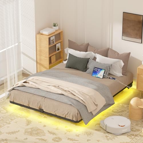 Kaelidra King Size Floating Bed Frame with LED Lights, Heavy Duty Metal Platform Floating Bed Frame with Charging Station, No Box Spring Needed, Easy Assembly, Noise Free Kaelidra
