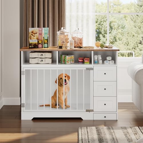 48'' Dog Crate Furniture, Farmhouse Heavy Duty Dog Kennel with Bowl & Storage Drawers, Medium Dog Cage End Table for Small Medium Dogs, White GarveeLife