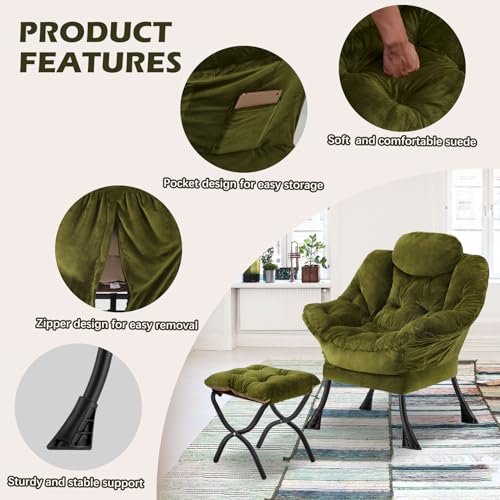Congermom Lazy Chair with Folding Ottoman,Leisure Sofa Chair,Soft Fabric Armchair with Armrests and Side Pockets, Reading Chair with Footrest for Living Room, Bedroom, Office (Plush Green)