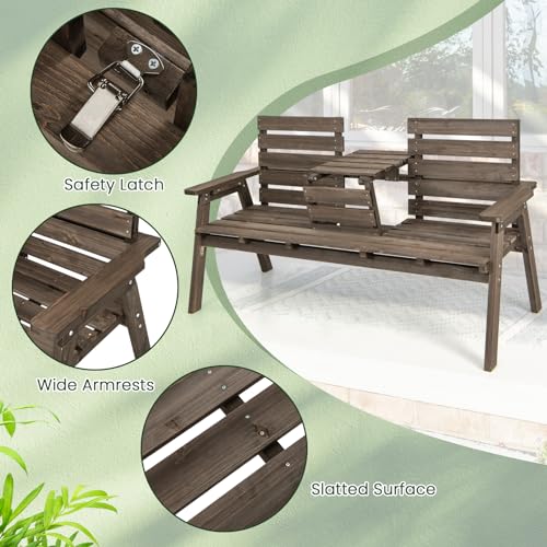 Tangkula Outdoor Fir Wood Bench with Foldable Middle Table, 2-3 Person Garden Bench with Backrest and Armrests, Slatted Seat Bench for Porch, Patio, Backyard, 710lb Weight Capacity (Coffee) Tangkula