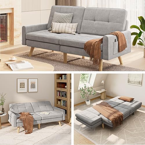 Gizoon 70.9" Sofa Bed, Futon Couch Bed with Adjustable Backrest, Modern Sleeper Sofa with Removable Armrest for Extended Length, Love Seat for Living Room, Office and Small Spaces, Apartment, Grey Gizoon