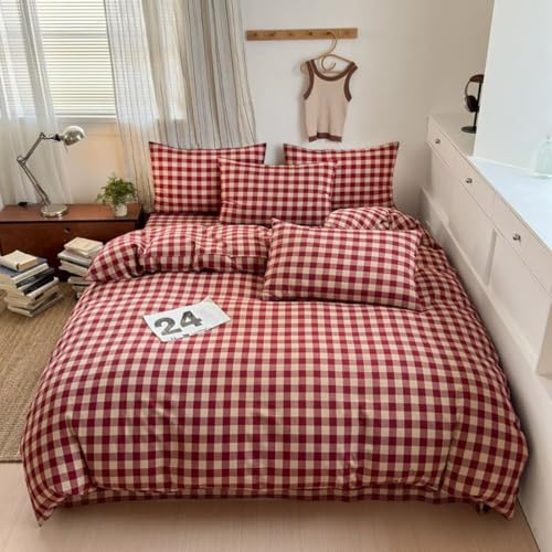PinkMemory Red Gingham Duvet Cover Set Queen 100% Washed Cotton Beige Plaid Checkered Duvet Cover Full 3pcs Modern Grid Gingham Bedding Set with Zipper Closure Ultra Soft Breathable PinkMemory