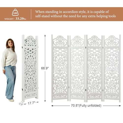 5.75Ft Room Divider Wood Screen, 33Lbs Durable MDF Carved Rustic Style Headboard, Reversible Freestanding Folding Partition Paravent for Home, 69 * 71 inch(H*W) - 4 Panels (Rustic White) Svimi