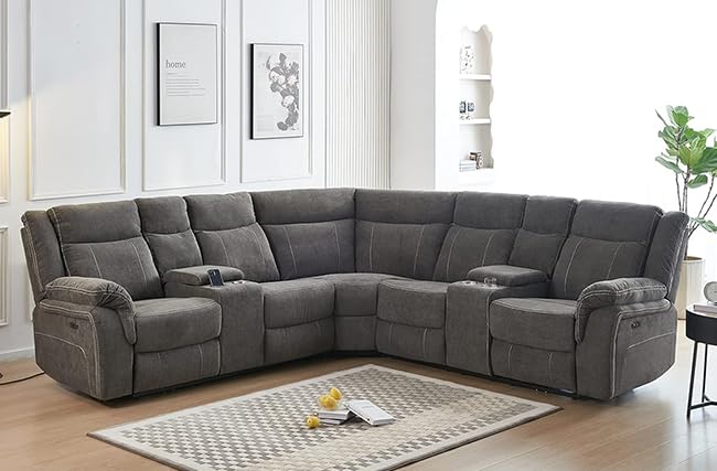 Power Reclining Sofa with Fabric Upholstery, 2 Consoles, USB Port and Cup Holders, Sectional Reclining Couch for Living Room Secsofier